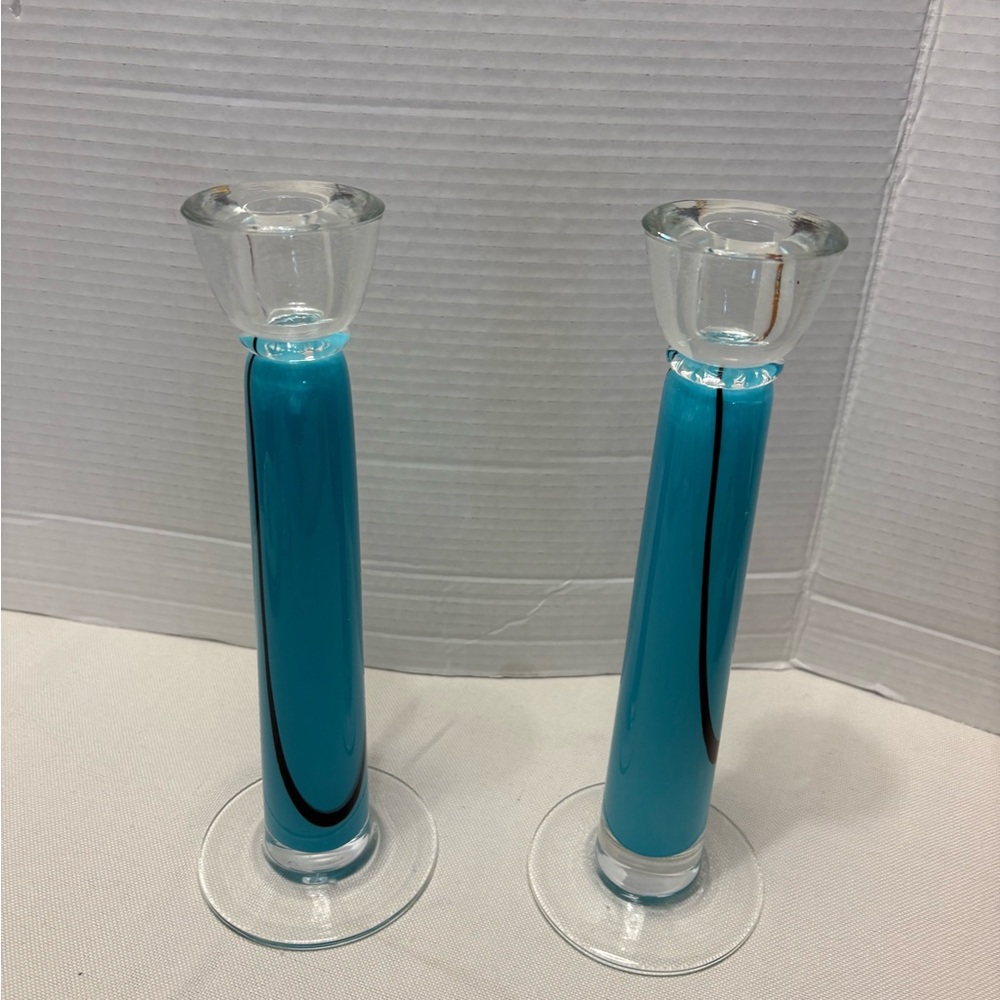 Turquoise elephant foot Glass Candle Holders with glass head and black stripe